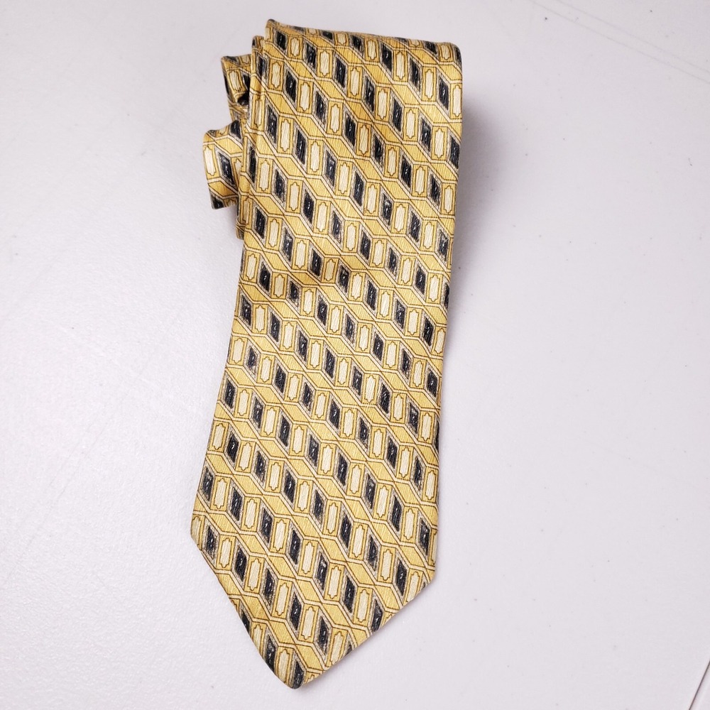 Geoffrey Beene Silk Tie Yellow Geometric Retro 90s Officecore Statement Art Deco